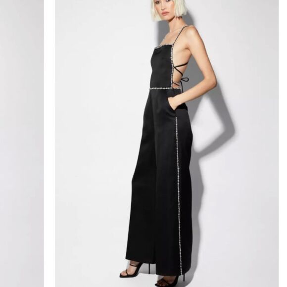 Nasty Gal- Black Premium Satin Diamante Trim Strap Back Jumpsuit - Picture 3 of 7